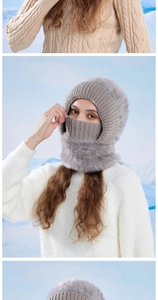 Detail of grey winter 3-in-1 knitted hat with thick fleece lining and neck warmer