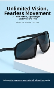 Outdoor cycling sunglasses on display stand featuring wrap-around frame and dark lens