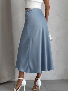 Elegant light blue satin midi skirt with silk-like sheen and graceful A-line silhouette