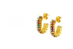 Detail of 18k gold plated C-hoop earrings with rainbow cubic zirconia pavé setting