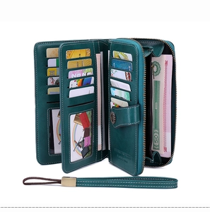 Internal view showing RFID card slots and compartments of the teal leather long wallet