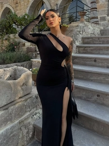Elegant black one-shoulder maxi dress with waist cut-outs and high side slit
