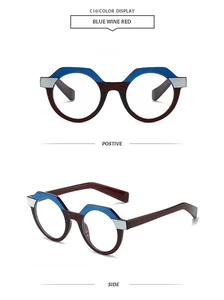 Front and side view of retro polygon sunglasses in blue and wine red contrast frames