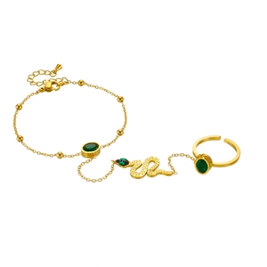 Gold-plated stainless steel snake finger bracelet with green gemstone accents