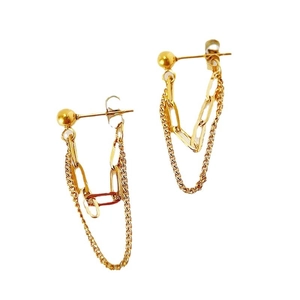 Minimalist 18k gold plated stainless steel double layer chain drop earrings on white background