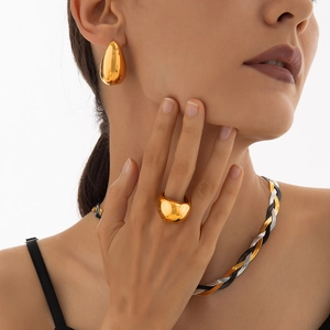 Three-tone braided flat snake chain necklace with gold teardrop earrings and ring set