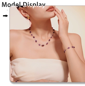 Bohemian style jewelry set with purple stones on model showing necklace and bracelet