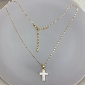 Golden cross necklace for women featuring white mother of pearl shell inlay and adjustable chain