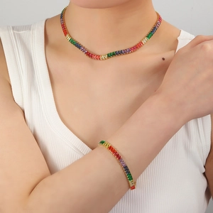 Rainbow rectangle zircon necklace and bracelet set with gold plating for women
