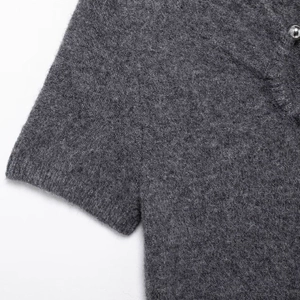 Short sleeve dark grey knitted bodycon dress with metal button and tight ribbed texture