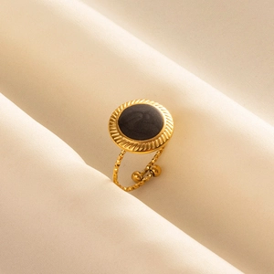 Vintage 304 stainless steel gold open ring with black enamel inlay and adjustable band
