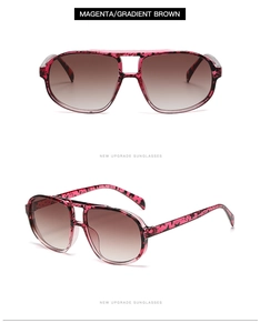 Detailed front and side views of magenta floral aviator sunglasses with brown gradient lenses