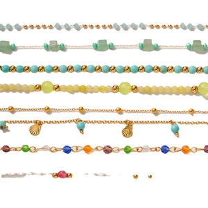 Colorful Bohemian beaded anklet set with gold chain turquoise and shell charms