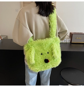 Close-up of bright green fuzzy plush dog-shaped tote bag with soft long faux fur