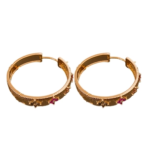 Vintage gold plated zircon flower hoop earrings with textured finish and colorful stones