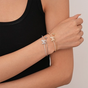 Minimalist double-layer butterfly flower zircon open cuff bracelet in gold and silver