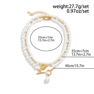 Detailed size and weight chart for the layered faux pearl necklace with OT clasp toggle