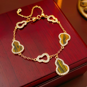 18K gold plated gourd bracelet with tiger eye texture and sparkling zircons