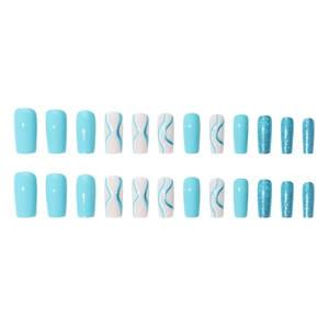 Sky blue and white press-on nails set with glitter and abstract wave patterns