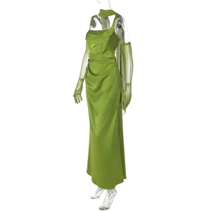 Detail of green satin dress with draped corset and matching sheer mesh gloves