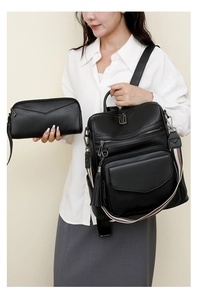 Detail of black faux leather backpack and matching pouch with tassels and multi-zippers