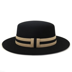 Classic black wool felt boater hat with a wide brim and striped grosgrain ribbon band