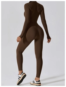 Rear view of tight dark brown long-sleeve yoga jumpsuit with high elasticity and fit