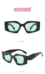Detail of sand black geometric cat-eye kids sunglasses with light green lenses