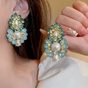 French Vintage Flower Stud Earrings Alloy Rhinestone Artificial Pearl With Silver Earring Post Elegant Statement Jewelry Women