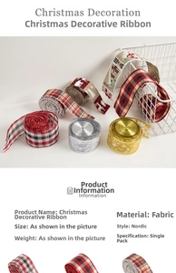 Close-up of Nordic Christmas ribbons with plaid patterns, elk prints and metallic stars