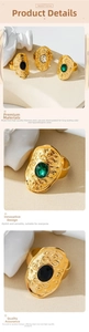 Detail of vintage shield rings in gold-plated titanium steel with colorful gemstones