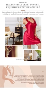 Détail de nuisette en satin rouge avec décolleté à volants et texture soie de luxe