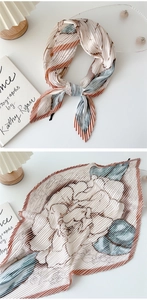 Detail of pleated chiffon square scarf with vintage floral print and organza texture