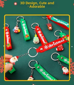 Detail view of 3D silicone Christmas keychains with Santa Claus and festive wrist straps