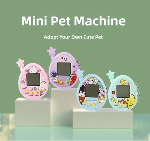 Detailed view of four colorful mini electronic pet game consoles with star keychains