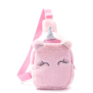 Detail of pink plush unicorn kids chest bag with soft texture and adjustable strap
