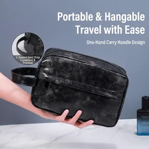 Waterproof PU leather business wash bag for men with handle and vintage crackle finish