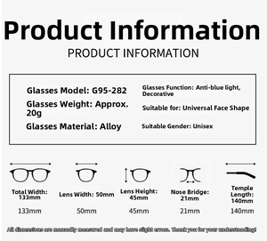 Detaillierte Größentabelle für G95-282 Metallbrillen mit 133 mm Breite und Blaulichtfilter