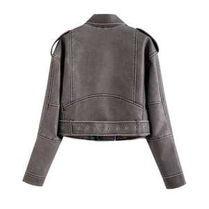 Veste de Motard en Similicuir Vintage pour Femme Avec Ceinture Revers Court PU Vêtements d'Extérieur Manteau Streetwear