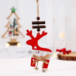 Red wooden reindeer Christmas ornament with snow text, rustic bells and a jute bow decoration