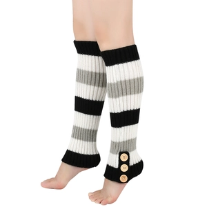 Close-up of knit leg warmers featuring black and grey stripes and wooden button details