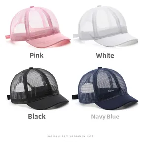 Breathable mesh baseball hats displayed in pink, white, black, and navy blue colors