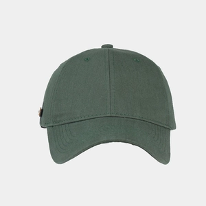 Detail view of the forest green cotton baseball cap showing side logo and stitching