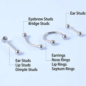 Solid G23 titanium body jewelry set including curved barbells, studs, and horseshoe rings