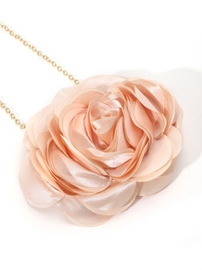 Elegant champagne pink satin clutch bag with 3D rose flower design and gold metal chain