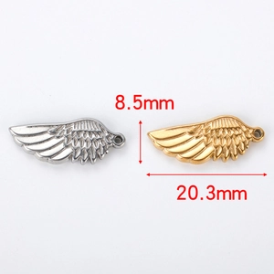 Detailed view of gold and silver angel wing pendants with size labels 8.5mm and 20.3mm