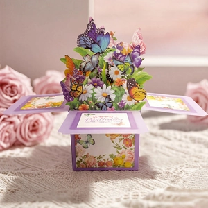 3D butterfly and floral bouquet pop-up birthday card in a purple gift box style