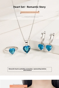 Three-piece jewelry set with blue heart-shaped stones including necklace, ring, and earrings