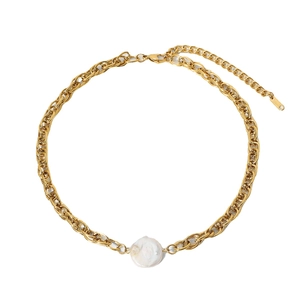 18K gold plated stainless steel chain necklace with an irregular white pearl pendant