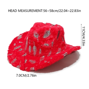 Detail of red plush cowboy hat with silver feather prints and size dimensions